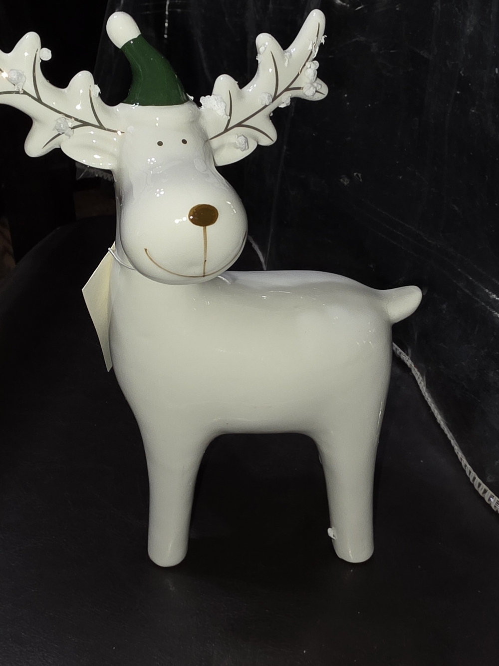 Holiday Ceramic Reindeer Figurine - White with Green Hat